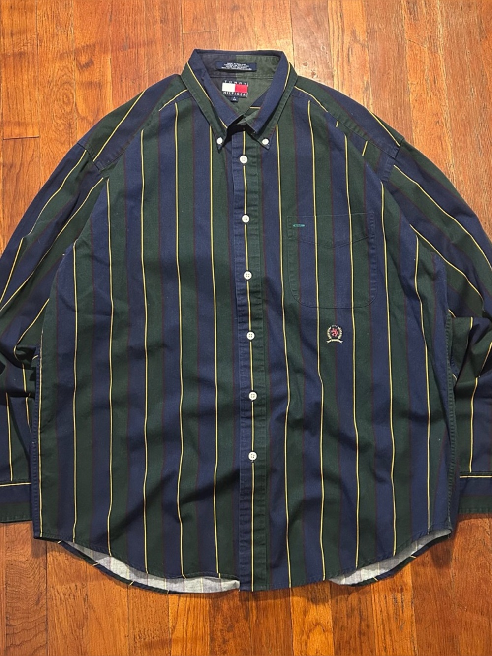 Vintage Tommy Hilfiger Peppy Crest Logo Green Blue Striped Button Down Shirt L